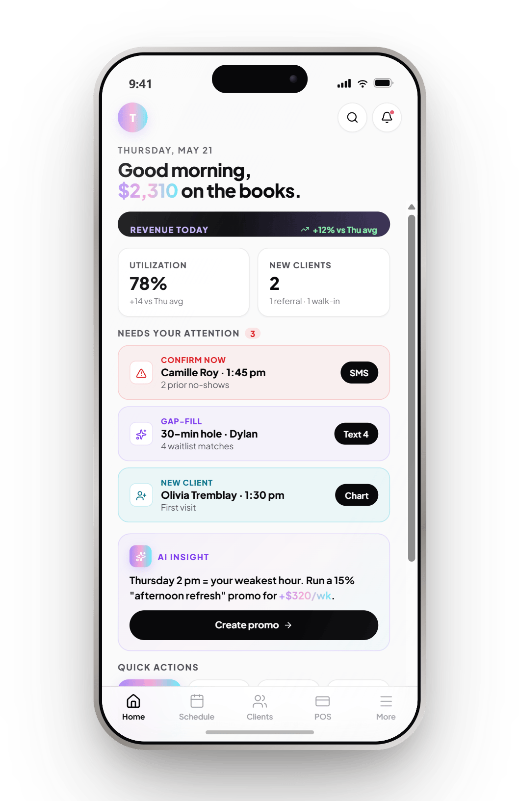 NeonO owner dashboard on a phone: $2,310 booked today, 78% utilization, and an AI insight suggesting an afternoon promo