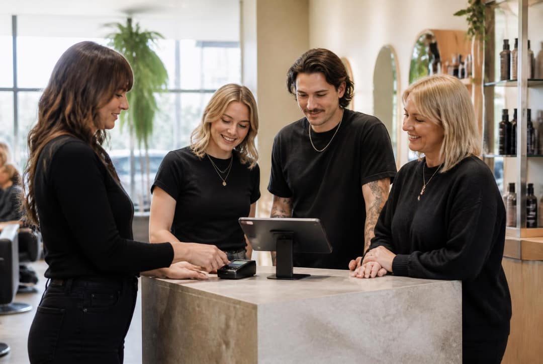 Canadian salon team collaborating at the front desk of a modern hair studio