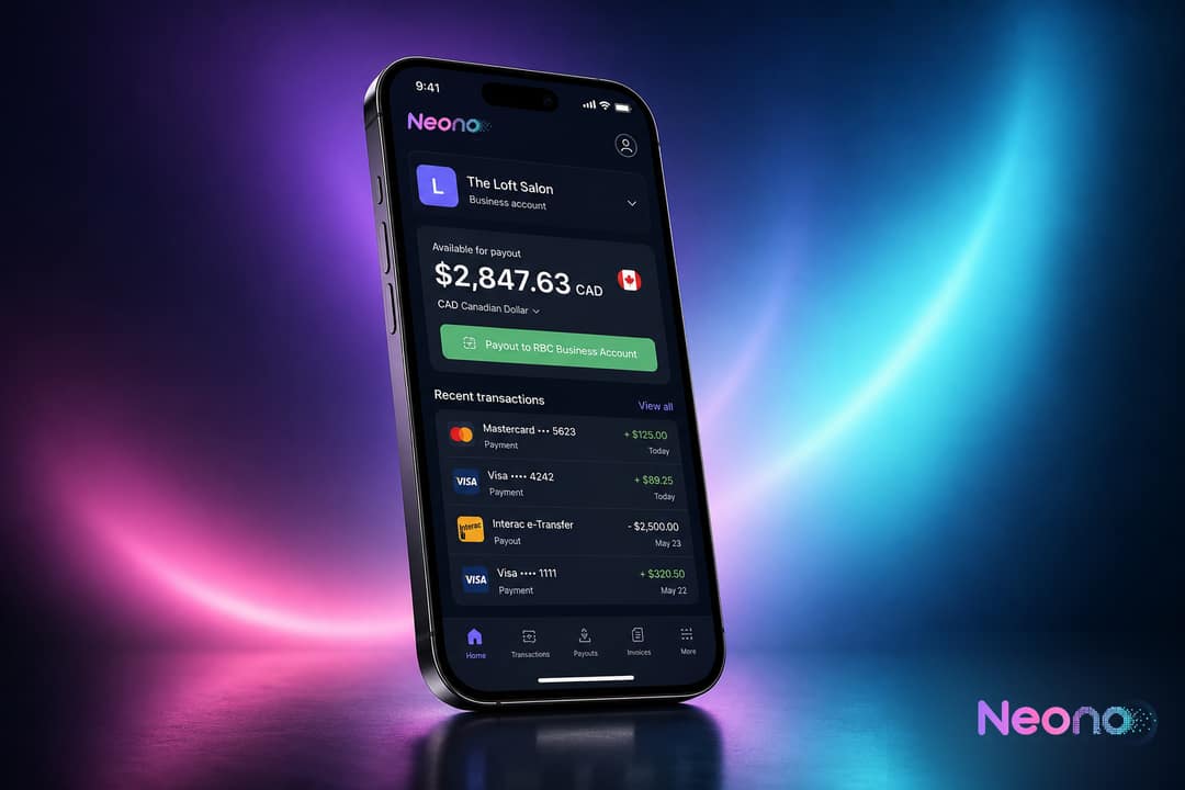 NeonO earnings screen on a phone showing a payout ready for deposit to a Canadian business account