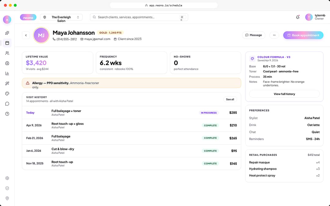 NeonO client profile: $3,420 lifetime value, PPD allergy warning, saved colour formula and visit history