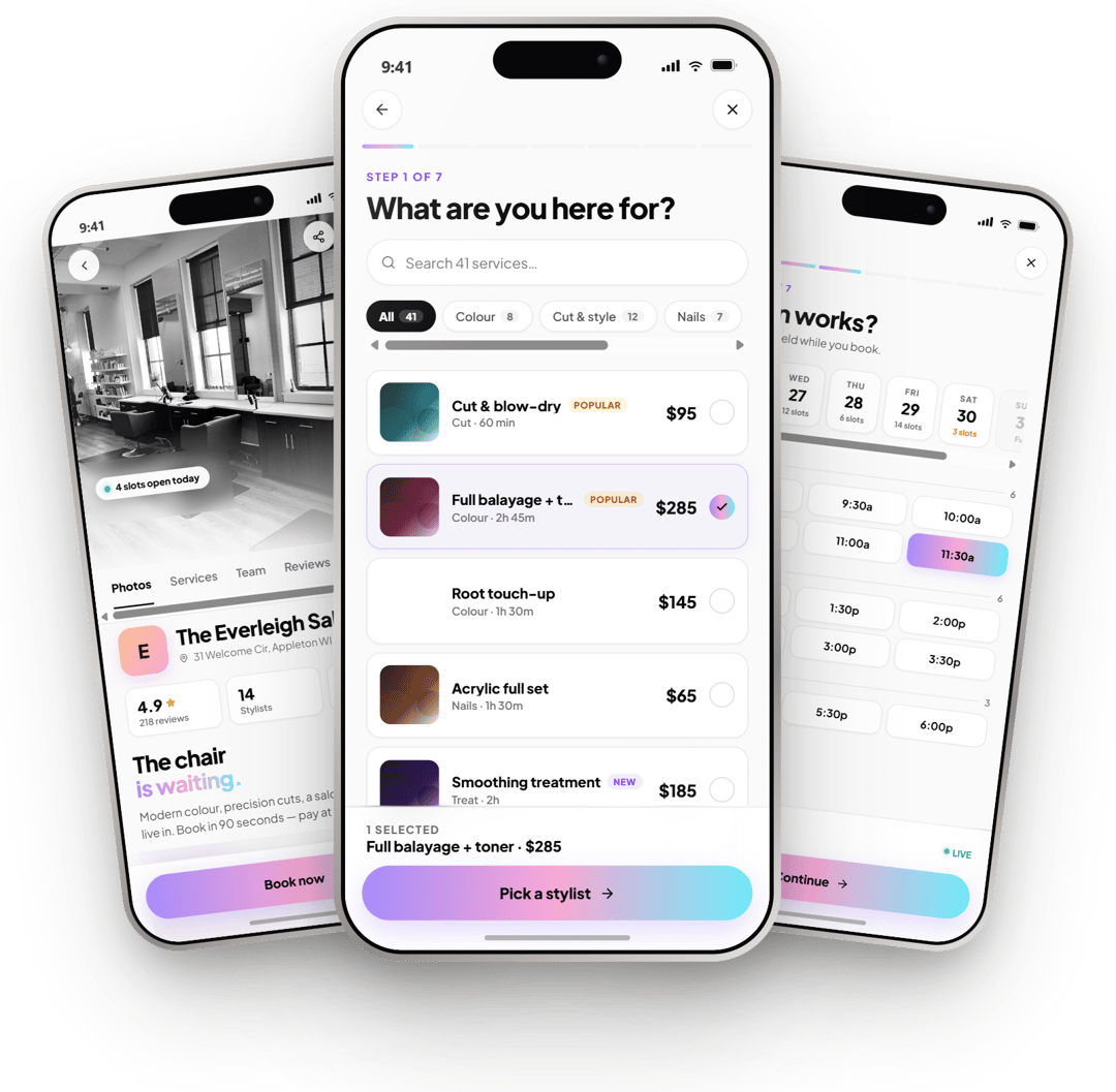NeonO client booking on a phone: salon page, service picker with prices, and live time-slot selection