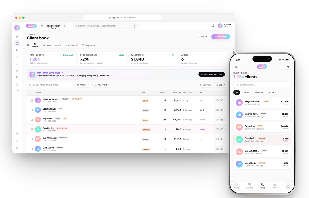 NeonO client book on desktop and phone: 1,284 clients, 72% rebooking rate, $1,840 average lifetime value and a win-back offer for 6 at-risk clients