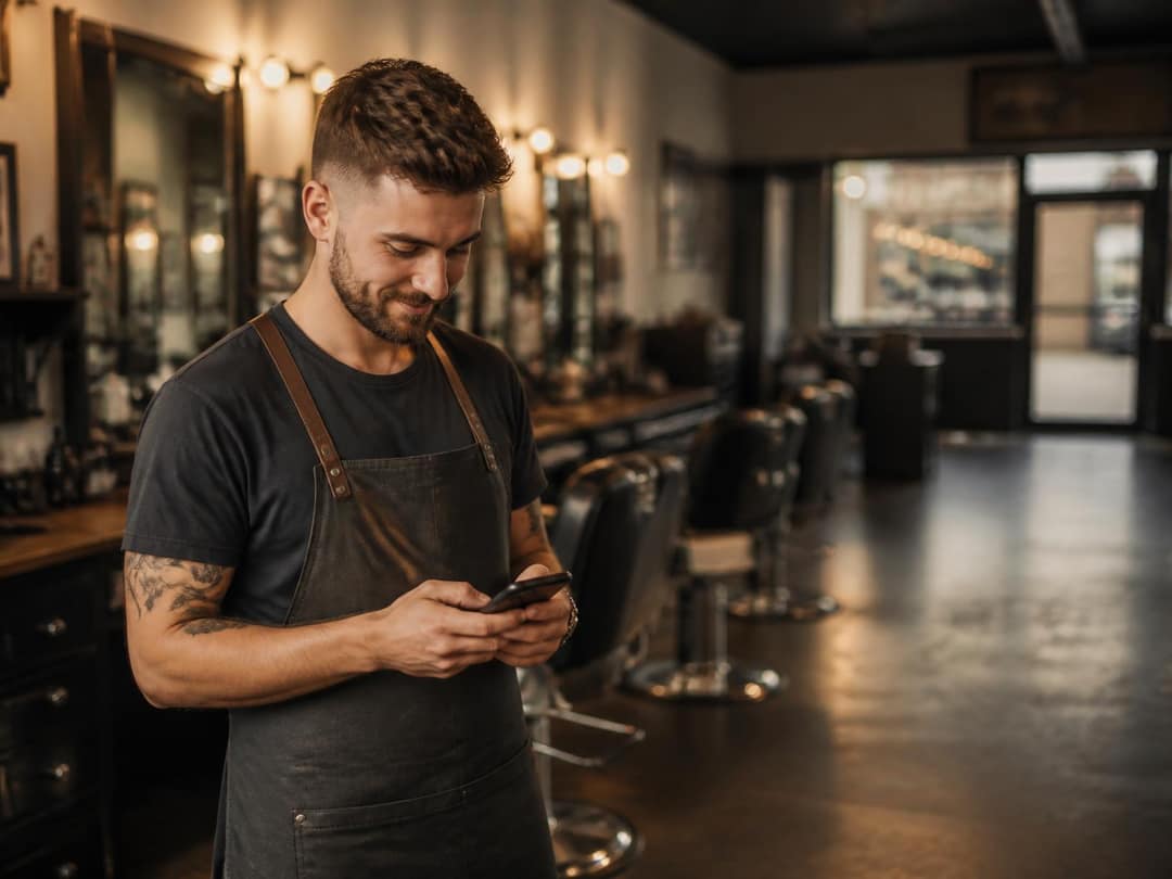Barber finishing a cut at the chair while the client taps to pay on the front desk terminal