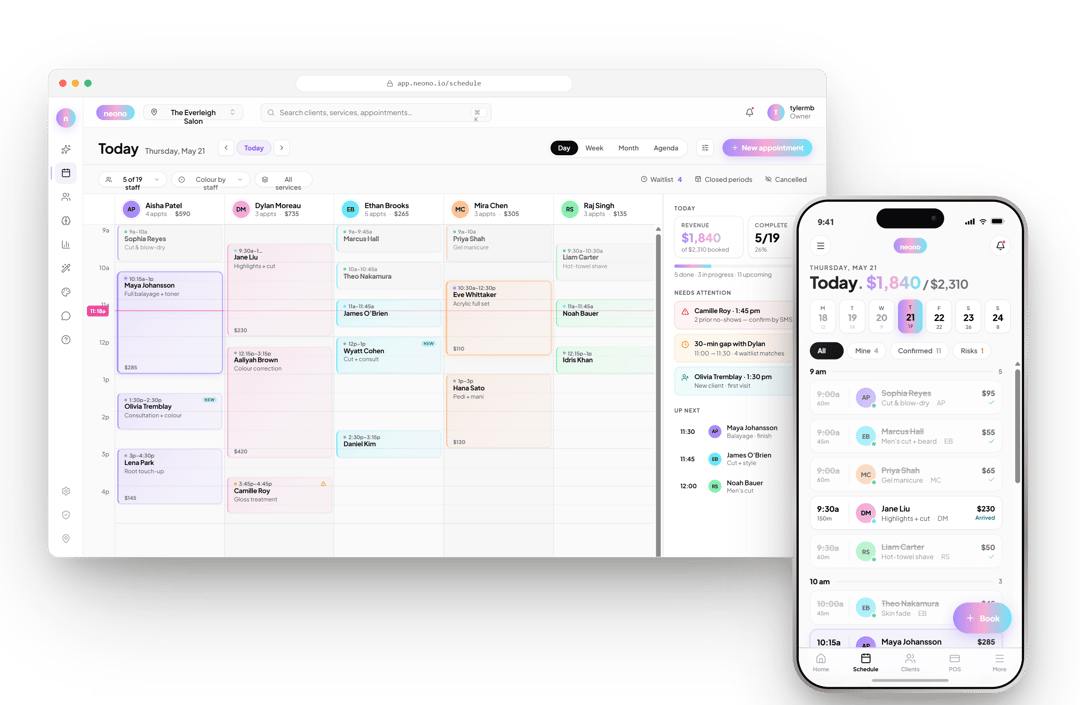 NeonO calendar and owner dashboard shown together on desktop and phone