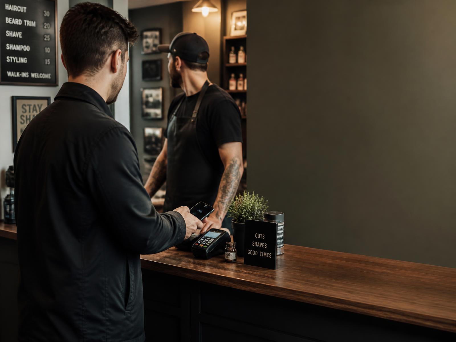 Client tapping his phone to pay at a Canadian barbershop front counter
